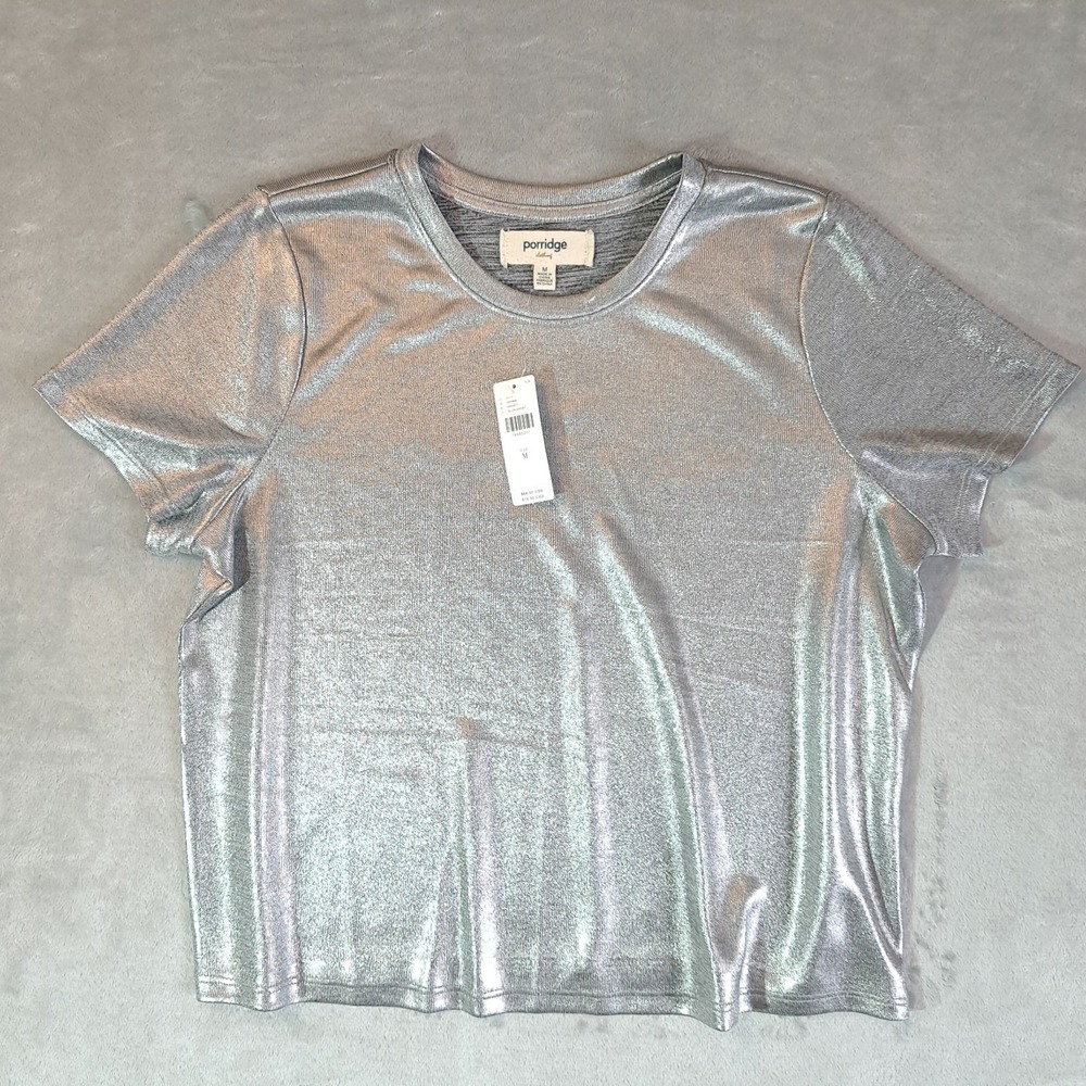 Porridge Anthropologie Womens Glam Tee Short Sleeve Sheer Top Size M Silver